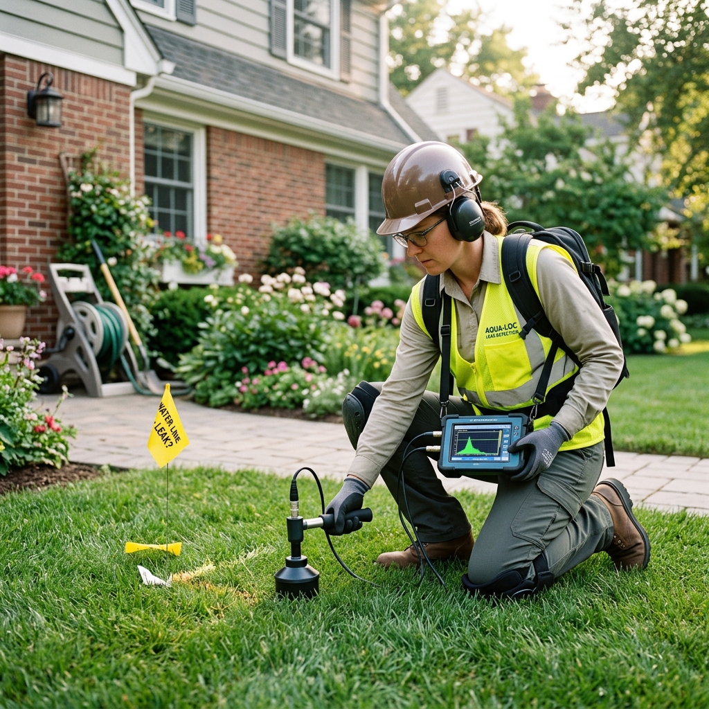 Technician conducting acoustic water leak detection behind interior wall in Vista, CA